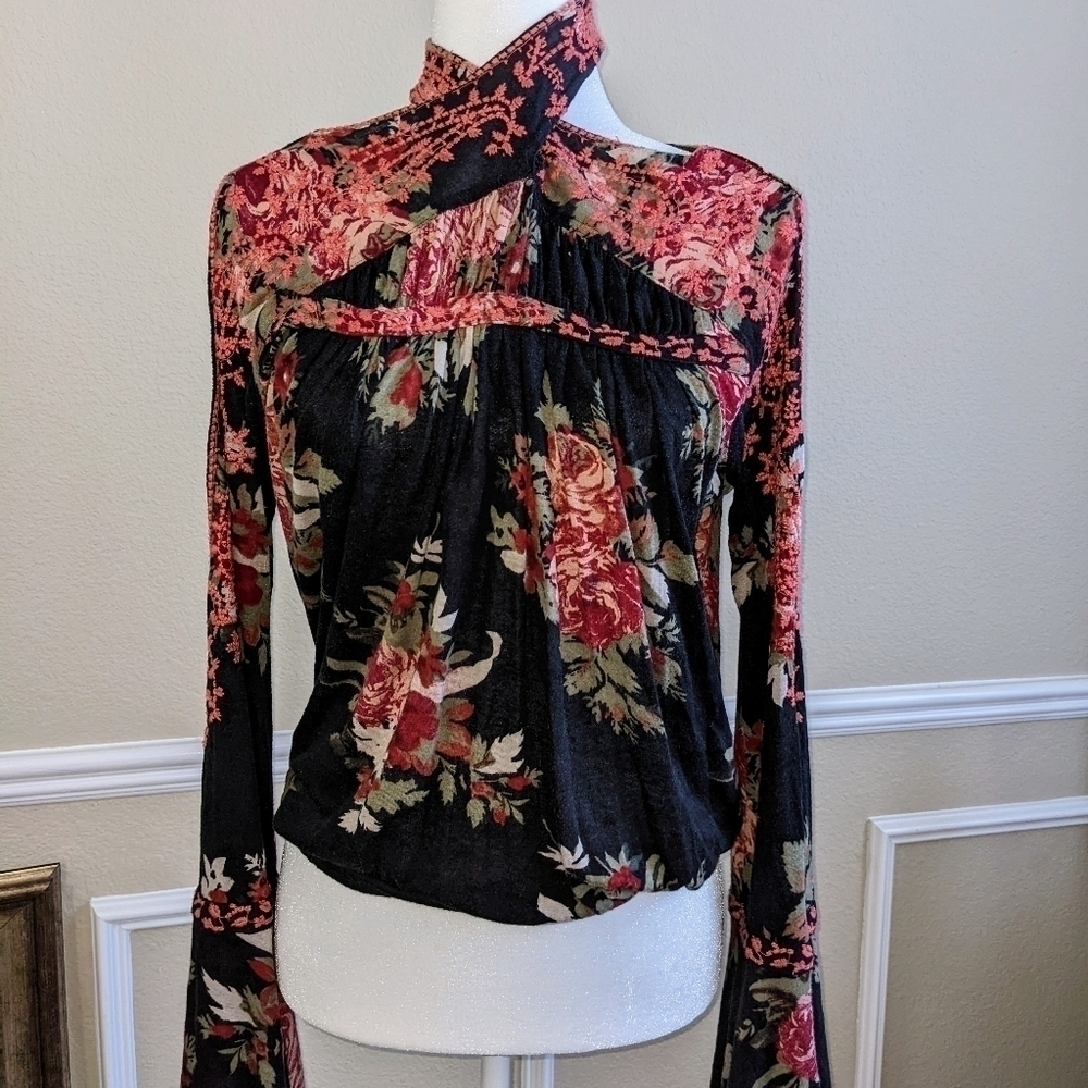 Free People Embroidered Bell Sleeve Cold Shoulder Top
